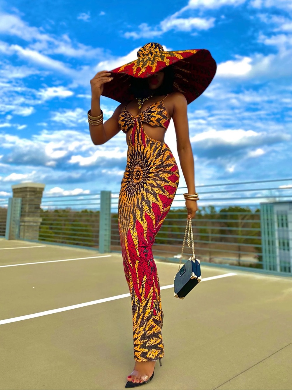 African print Cutout Maxi Dress Sunburst in Red, Gold, Black side panel